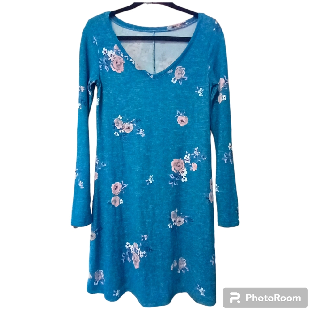 Kohl's So Women's Size Small Teal with Roses Long Sleeve V-Neck Cozy Mini Dress